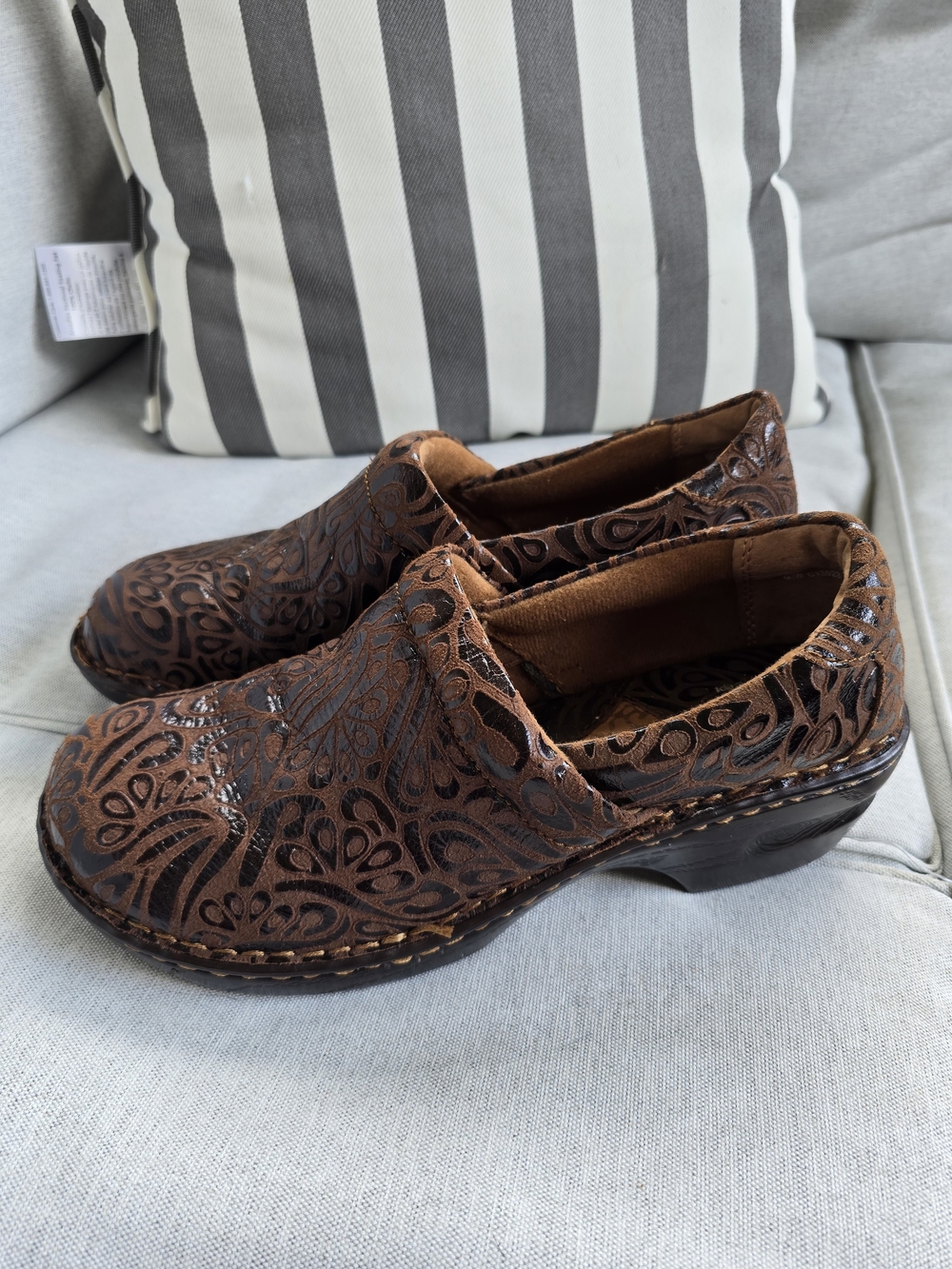 b.o.c. Brown Embossed Leather Slip-On Clogs
